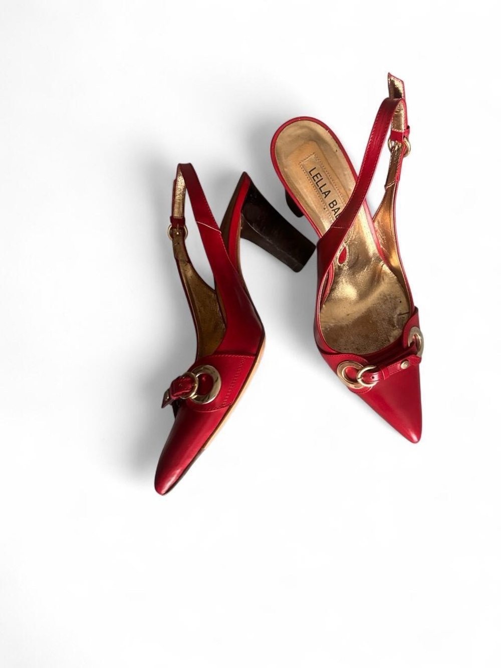 Lella Baldi Red Pointed Slingback Heels with Gold Accents